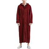 Lu's Chic Men's Hooded House Coat Cable Knit Long Plush Full Length Housecoat Winter Bathrobe Zipper Flannel Pockets Fluffy Loungewear Soft Warm Long Fleece Robe Red Medium-Large