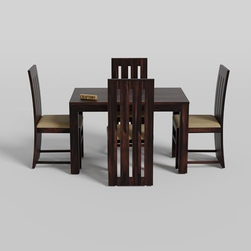 Image of 45 Inches Length Solid Sheesham Wood 4 Seater Dining Table Set | Four Seater Dinner Table with 4 Cream Cushions High Chairs| Dinning Table Set 4 Seater for Living Room| Walnut Finish