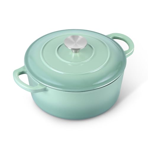E-far 3 Qt Enameled Cast Iron Dutch Oven with Lid, Small Round Nonstick Dutch Oven Pot for Bread Baking Braising Stews Roasting Cooking, Heavy Duty, Induction & Oven Safe - Sage Green