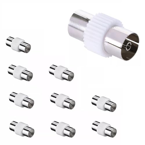 TECHZOCO Adaptador de Antena Hembra a Hembra, Adaptador de Cable Coaxial RF, Empalme de cable antena, Conector de TV Hembra a Hembra, 75 ohmios, Apto para acoplar 2 cables coaxiales, PVC, 10 unidades