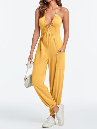 Cicy Bell Women's Sexy Halter Jumpsuits Casual Deep V Nevk Beach Jogger Long Pants Rompers — view 6