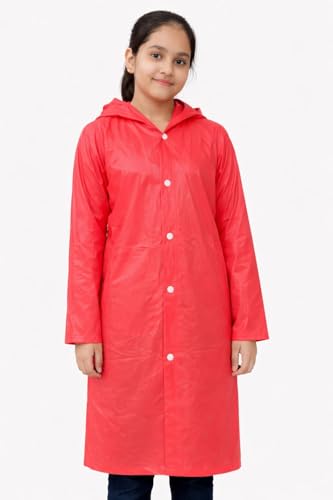 Image of Nephar Kids Boys & Girls Waterproof Hooded Raincoat | Long Length PVC Rain Wear Jacket | Lightweight Full Sleeve Button Closure Monsoon Coat
