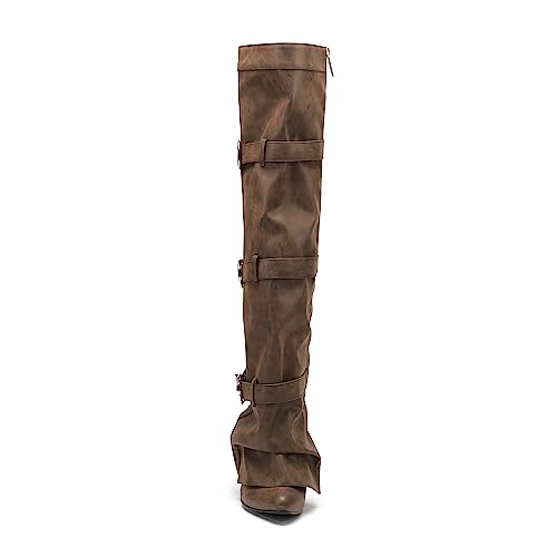 YIYA Women's Fold Over Knee High Boots with Buckle Pointed Toe Chunky High Heels Tall Boots4