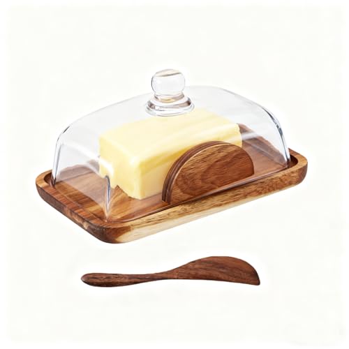 HAN SHENG Wooden Butter Dish with Glass Lid & Wood...