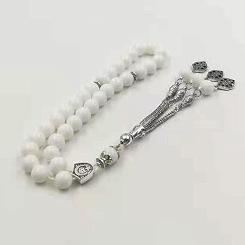 Tasbih White Ceramic Muslim Prayer Beads Misbaha Islamic Accessories Rosary Gift on Hand (10mm x 99 Beads)