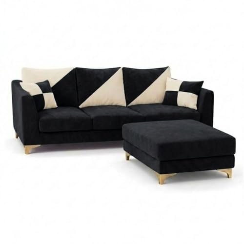 Image of Juliet 4 Seater L Shape Sofa Set with Movable Ottomans | Flexible Layout | Rich Velvet Suede Fabric | Silver Legs | Dual Tone Modern Sofa for Living Room (Black-Cream)