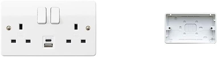 MK (ELECTRIC) Logic Plus Double Socket (K2745WHI), (2-Gang, 13A), white & K2142WHI Moulded Surface Mounting Box for 2 Gang Logic Plus Power Accessories, White, 30 mm