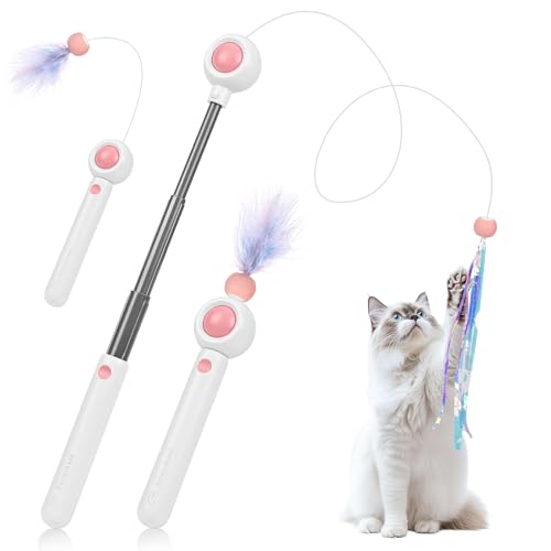 Gerbala Bacchetta Interattivi per Gatti, Giocattolo per Gatti con Piuma, Giocattoli di Canna da Pesca, Giochi Gatto Piume Giochi Interattivi Retrattile con 2 Pezzi Cat Catcher (Rosa)