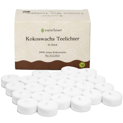 Kerzenmanufaktur x Crafted 4 Planet reine Kokoswachs Teelichter (24 Stück) - Nachhaltige Teelichter weiß - Öko Teelichter ohne Hülle