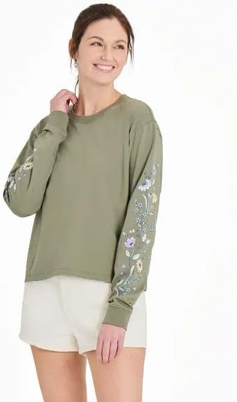 Life is Good. Women's Wildflowers and Bees Long Sleeve Crusher Boxy Tee, Moss Green