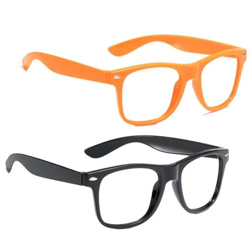 EUPSIIU 2 Piezas Gafas Nerd, Gafas de Juguete sin Lentes para Niños, Gafas con Montura de Plástico, para Cumpleaños Cosplay Fiesta Mascarada Carnaval Navidad Halloween (Negro, Naranja)