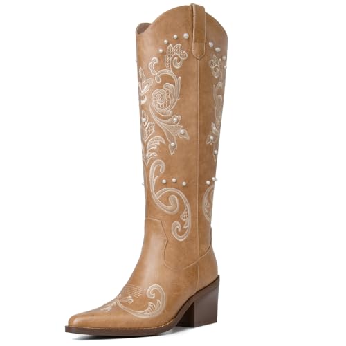 Image of Western Cowboy Boots for Women Knee High Cowgirl Boots with Classic Embroidered, Pointed Toe Chunky Heel Fashion Retro Classic Pull On Tall Boot Women Fall Winter