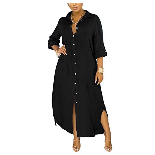 Chatinction Womens Button Down Shirt Dress Roll Sleeve Loose Blouse Long Maxi Dresses with Side Splite Black L