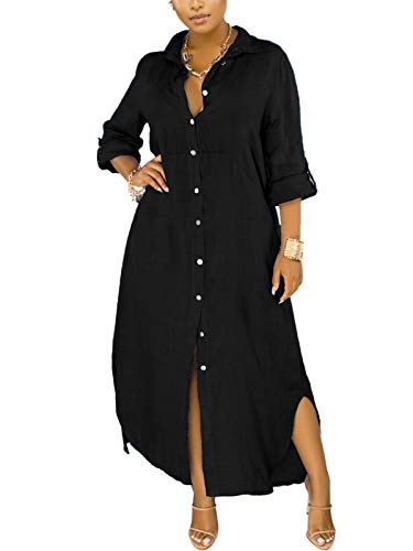 Chatinction Women Solid Color 3/4 Rolled-Up Sleeve Dress Sexy Buttons Down Side Slit Shirts Maxi Dresses