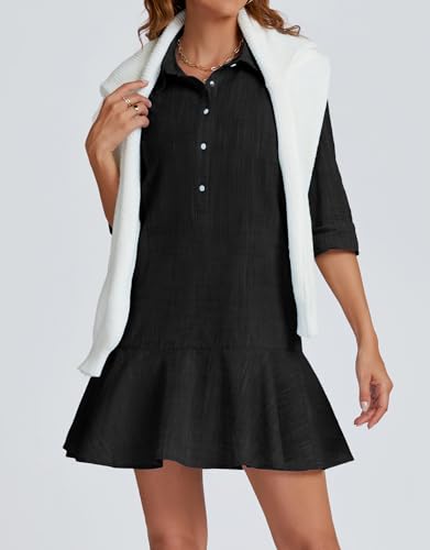 Image of YEXPINE Women's Tunic Mini Shirt Dress Cotton Linen Long Sleeve Button Up Ruffle Hem Loose Casual Summer Pockets Shift Dress