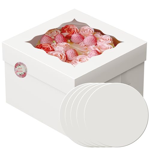 Dayacoco Cake Box Pack of 5 12inch White Cake Box with Window Square Cake Boxes With Cake Board Lid 80 Stickers For Brownie Tiered or Decorated Transport (30.5x30.5x20.3CM)