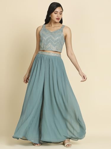 madhuram textiles Women's Georgette Lehenga and Choli with Long Shrug Set for Solid with Heavy Embroidery Work Set(M-2410 Turkish Green_4X-Large)