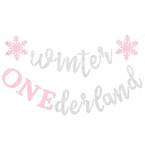 Gybeizhu Silver and Pink Glitter Winter Onederland 1st Birthday Banner, Pink Snowflakes Winter Onederland Party Decorations for First Birthday Girl, No DIY.