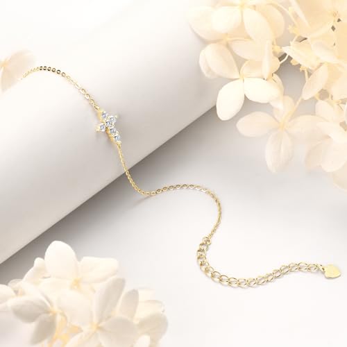 WOAINI Sterling Silver Adjustable Bracelet with Cross Pendant, Tiny Cross Bracelets for Women Prong-set with Moissanite, Elegant Christian Jewelry Gift, 6.5"+2", Gold-Plated2