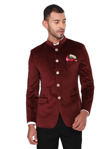 Image of MANQ Men Slim Fit Bandhgala Velvet Blazer - Mandarin Collar, Button Closure, Long Sleeves, Solid Ethnic Winter Wear with Three Pockets for Adults