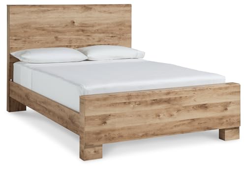 Image of Signature Design by Ashley Hyanna King Size Panel Bed Frame | Engineered wood and decorative laminate, Authentic touch golden oak finish, Foundation required