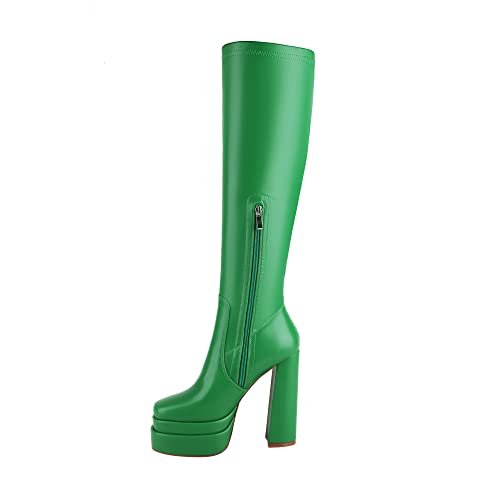 vivianly Women's Platform Knee High Boots Square Toe Chunky Heel Long Stretch Gogo Boots with Side Zipper4
