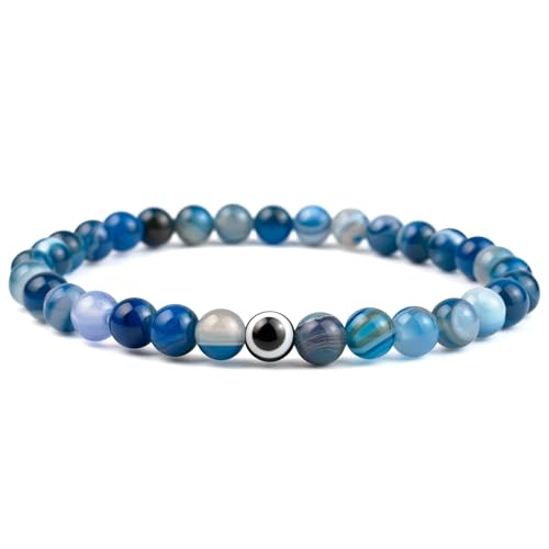 Lameybrt Evil Eye Bracelet 6mm Natural Stretch Adjustable Beaded Bracelets for Men (A20 KL Lace Agate Blue, S (6
