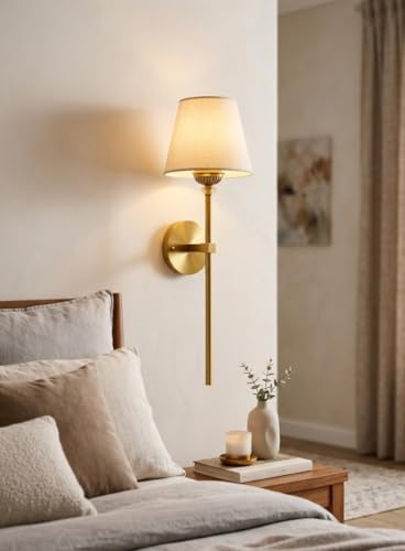 Image of Sinoman Wall Lights for Home Decoration | Classic Antique Brass Wall Sconce with Fabric Shade| Elegant Light Decorative Wall Fixture for Living Room & Bedroom | Vintage Metal Wall Light (Without Bulb)