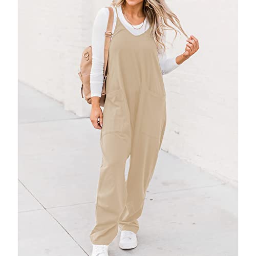 Seeluna Womens Casual Sleeveless Jumpsuits V-Neck Spaghetti Strap Wide Leg Romper Overalls Jumpsuit With Pockets(Apricot,L) #TOP1