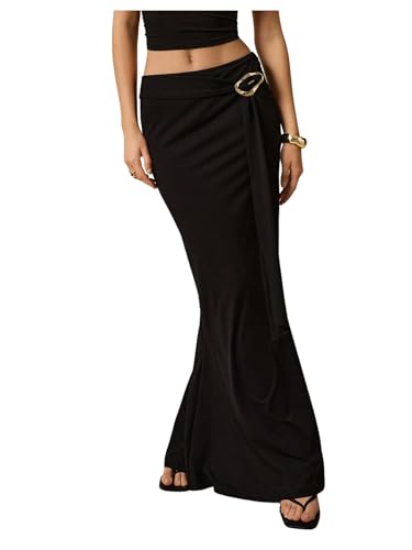 GORGLITTER Women's Metal Buckle Belted Bodycon Long Skirt Elegant Cocktail Evening Skirts