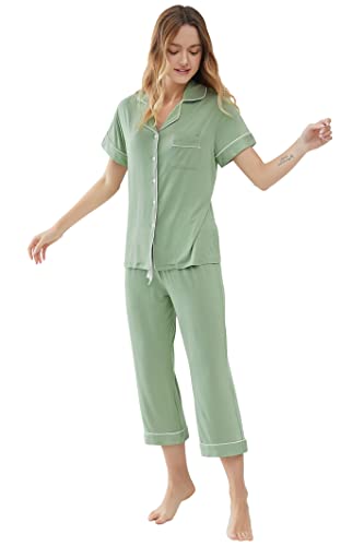 Image of Joyaria Bamboo Viscose Cooling Pajamas for Women Capri Button Front Pjs Set | Ideal for Night Sweats, Hot Sleeper Friendly, Breathable & Moisture Wicking, Short Sleeve Top