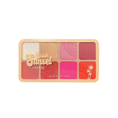 MISS COP MAKEUP - Sunset Blush – Palette 8 Teintes – Blushs & Illuminateurs – Couleurs Modulables, Sculpturer, Éclairer le Teint – Fini Naturel ou...