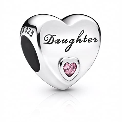 S925 Sterling Silver Daughter Heart Charm fits Pandora Moments Bead Charms Bracelet Gift for Women (Pink)