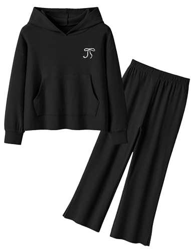 Girls Clothing Set Bow Embroidery Hoodie Pullover Sweatshirt & Split Flare Pants Outfits 2Pcs with Pockets 5-14Y