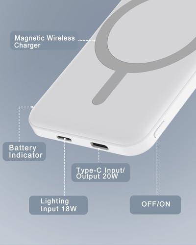 Image of podoru for Magsafe Battery Pack, 5000mAh Magnetic Power Bank with Type-C Cable 20W PD Fast Charging Lighting Input Wireless Portable Charger for iPhone 17 /16 /15 /14 /13 /12 / All Series-Snow White