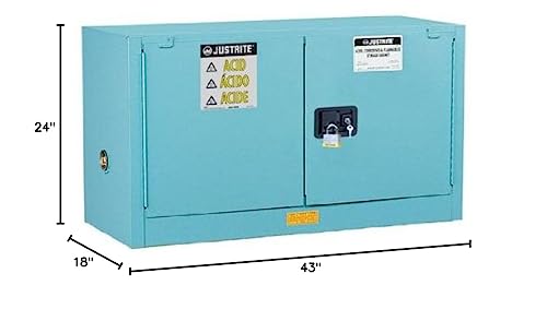Image of Justrite Acid Corrosive Storage Cabinet - 17 Gallon 2 Door Self Close Chemical Storage Cabinet with Removable Polyethelene Trays - 18 inch x 24 inch x 43 inch - Made in The USA - Light Blue - 891722
