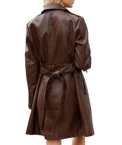 SOMTHRON Women's Mid Length Faux PU Leather Trench Coat Long Sleeve Zip Up Lapel Long Jacket Overcoat with Belt3