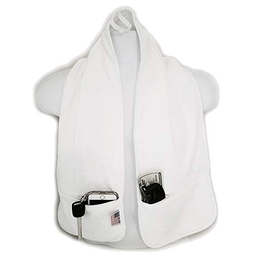 R J Hall Sports Towel 2 Zipper Pockets, 100% Ring-Spun Cotton, Holds Cell Phone, Keys, Wallet, ID, Earbuds for Workouts and Sports (white)