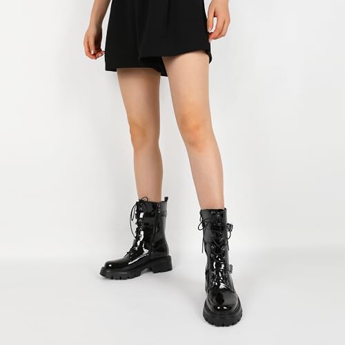 Eldof Women's Combat Boots Ankle Booties Lace Up Platform Lug Sole Chunky Low Heel Buckle Goth Motorcycle Boots for Women Side Zipper 2 Inches2