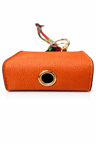 Luxury Designer Dog Poop Bag Holder Case – Barkin Pet Waste Bag Dispenser Pouch with Gold Hardware, Portable Dog Walking Accessory with Keychain Clip for Doggie Leash & Travel (Orange) - Image 4