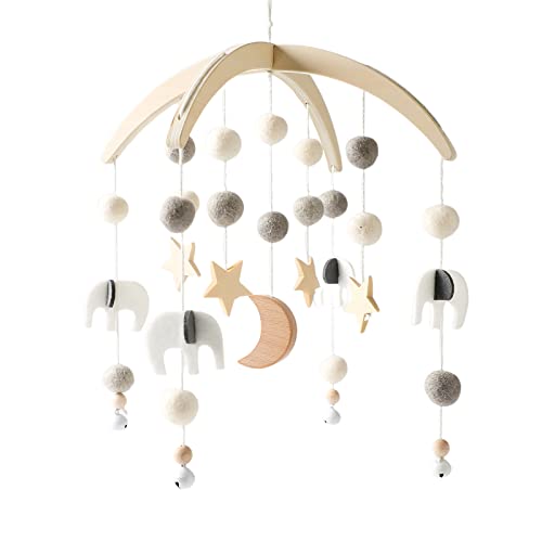 Youuys Mobile Bébé Bois avec Boules de Feutre Étoiles Mobile Bébé Carillon Cloche de Lit Pendentif pour Lit de Bébé Décoration Chambre de Bébé Cadeau pour Bébé Fille Garçon (Gris)