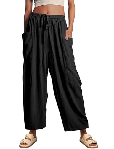 HangNiFang Pantalones de algodón y lino de pierna ancha para mujer, cintura alta, pantalones de playa estilo palazzo harén, Negro -, Large