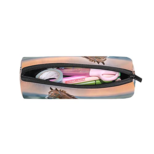 Image of AUUXVA Horse Sunflower Pencil Bag, Animal Flower Floral Round Pencil Case Zipper Pen Pouch Cases Stationery Bag Cosmetics Makeup Brush Bags for School Office Work College