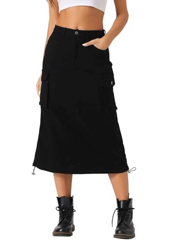 Allegra K Cargo Skirt for Women Y2K Adjustable Back Slit High Waist Casual A-Line Midi Jean Skirt