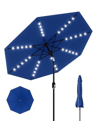 GarveeLife 10 ft Patio Umbrella with Solar Lights, 8 Ribs Outdoor Market Table Umbrella with 40 LED Lights & Tilt Crank for Pool, Deck, Backyard, Navy Blue