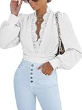CUPSHE Damen Bodysuit Tiefer V Ausschnitt Spitzenbesatz Langarm Raffungen Bodies Casual Langarmshirt Unterziehbody Blusenbody Tops Weiß L