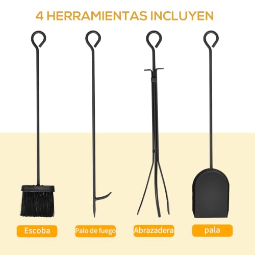 Miniatura 3 de Homcom Estante Para Leña De Chimenea 75x30x60 Cm Soporte Para Leña Tradicional Portaleña De Diseño Vintage Con 4 Herramientas Base Elevada Carga Máx. 100 Kg Acero Para Interior Y Exterior Negro