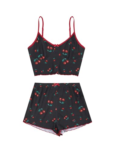 Image of Hilinker Womens Graphic Print Ribbed PJ Set Crop Cami Tops and Shorts Cute Pajamas Set