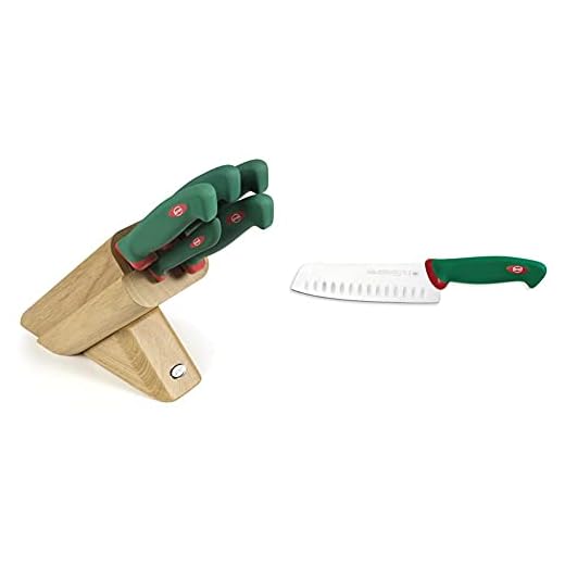 Sanelli 931605 Ceppo Coltelli Leck, Legno, Verde/Rosso, 5 unità & Premana Professional Coltello Giapponese Olivato, Acciaio, Verde/Rosso, 31.0x3.0x6.0 cm