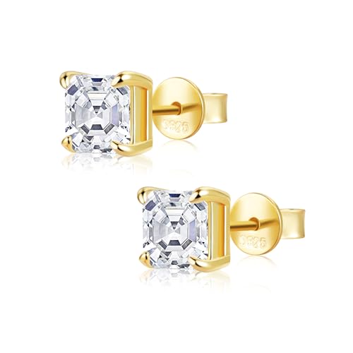 Moissanite Stud Earrings for Women 14K Gold Plated Sterling Silver Stud Earrings 6mm 2ct Asscher Cut D Color VVS1 Moissanite Stud Earrings Lab Created Diamond Earring Studs